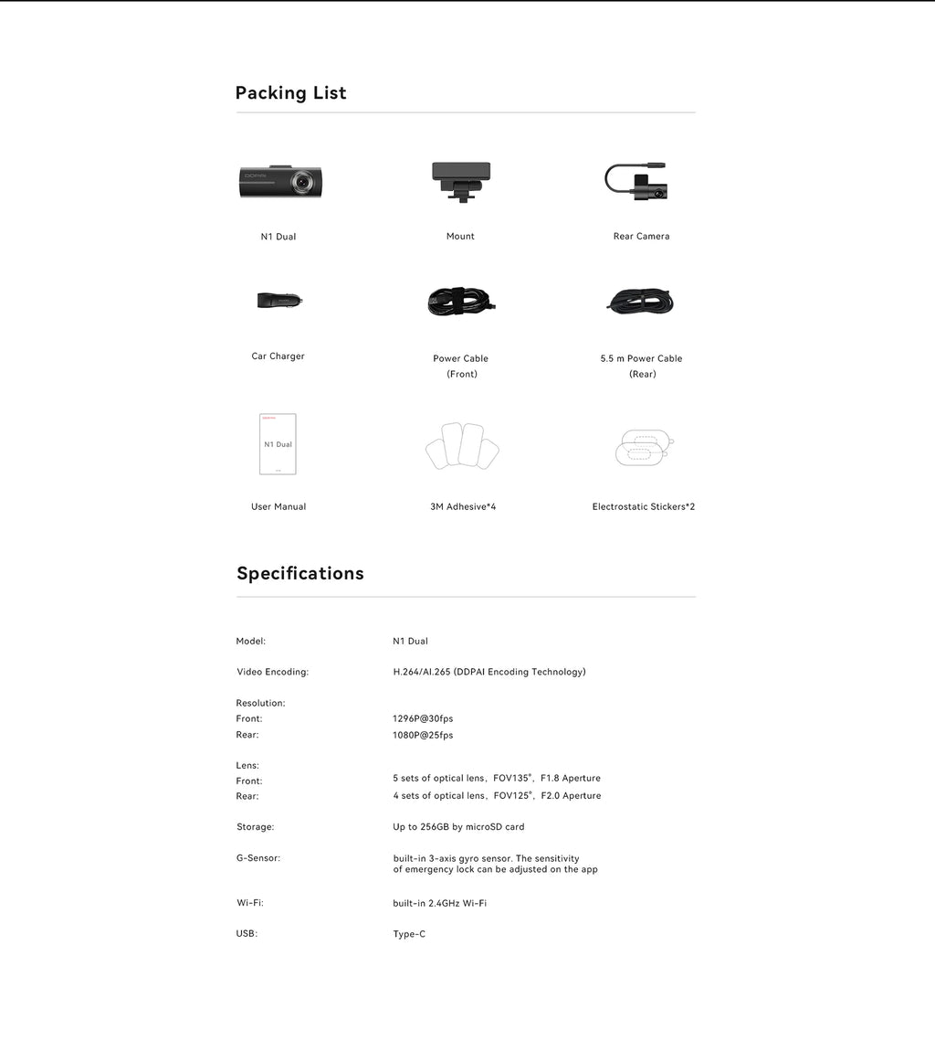 DDPAI Dash Cam N1 Dual Front & Rear Recording Night VIS 1296P Car DVR App Control