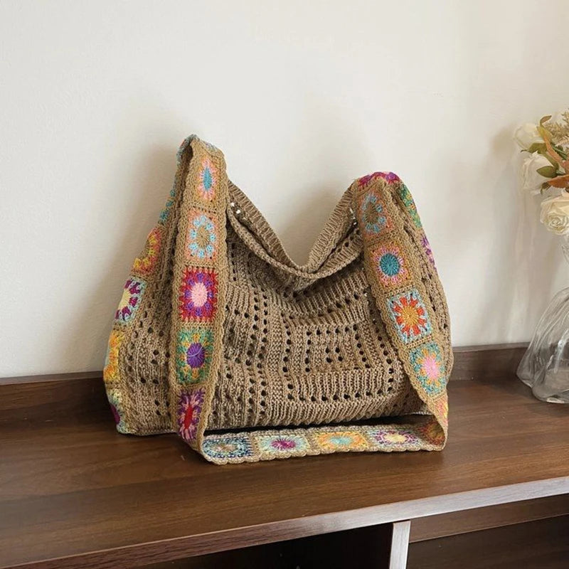 Large Capacity Boho Tote Bag Trendy Floral Crochet Vintage Multicolor Knitted Handbag