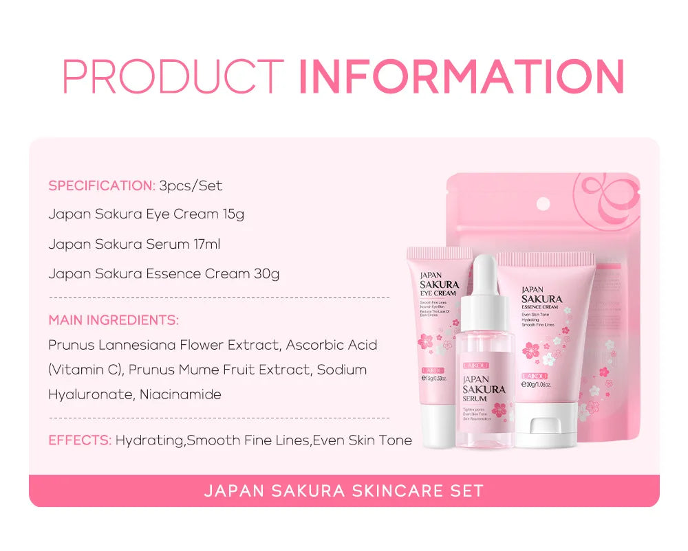 3pcs set LAIKOU Skin Care Vitamin C Sakura Snail Essence Serum Eye Face Cream Moisturizer Travel Size
