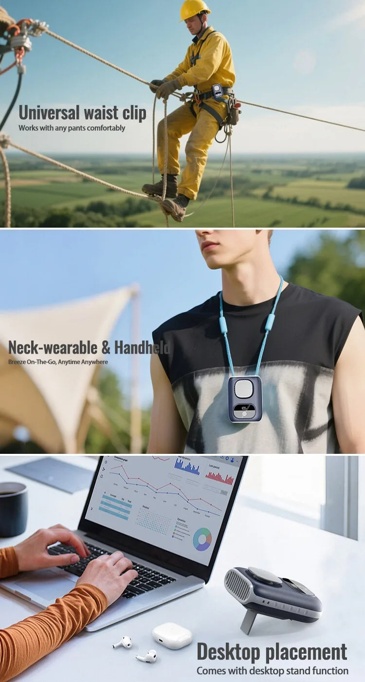 3CM Thin Tiny Portable Waist Fan 4000mAh Clip On Personal Neck Fan LED 12H 5 Speeds 10500RPM Strong Airflow with Lanyard