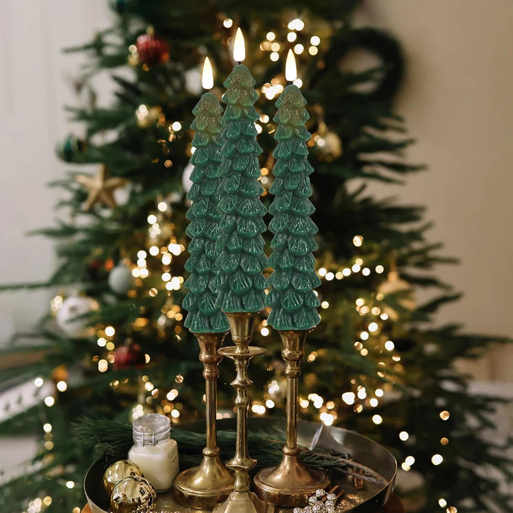 2pc/4pcs Christmas Tree LED Flameless Candles 3D Flame Green Candlesticks Christmas