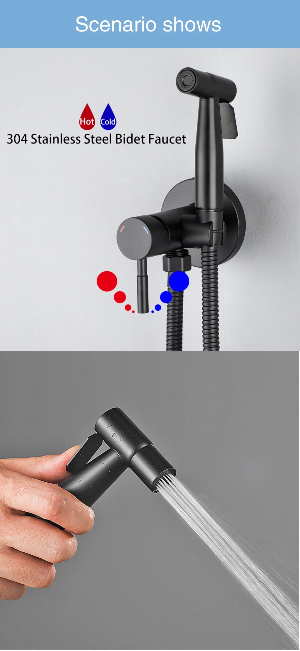 ULA Portable Bidet Sprayer Set Black Stainless Steel Toilet Bathroom Shower Head