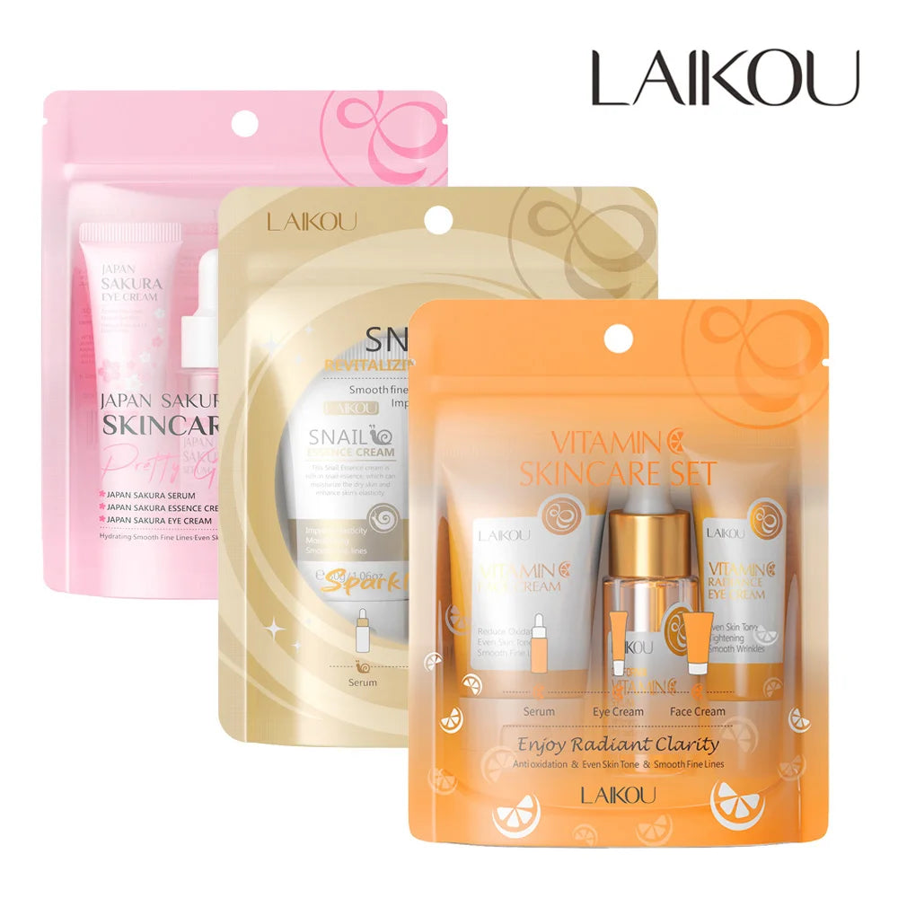 3pcs set LAIKOU Skin Care Vitamin C Sakura Snail Essence Serum Eye Face Cream Moisturizer Travel Size