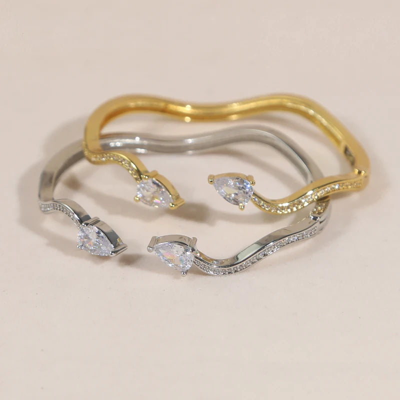 Personality Wave Shape Bangles 58mm Cubic Zirconia Brass Gold/Platinum Plated Bracelet