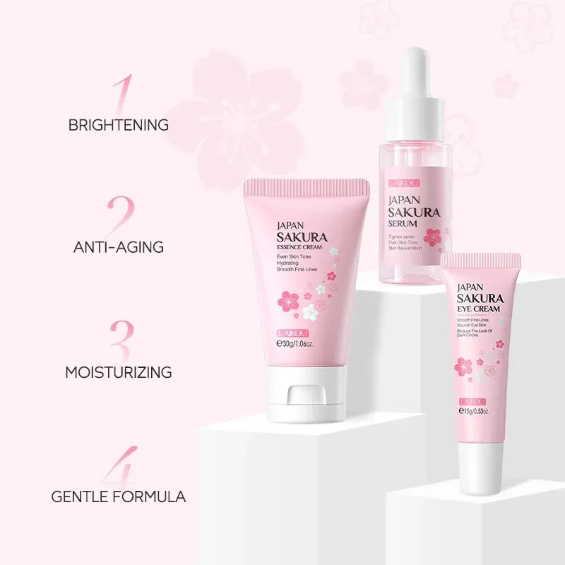 3pcs set LAIKOU Skin Care Vitamin C Sakura Snail Essence Serum Eye Face Cream Moisturizer Travel Size