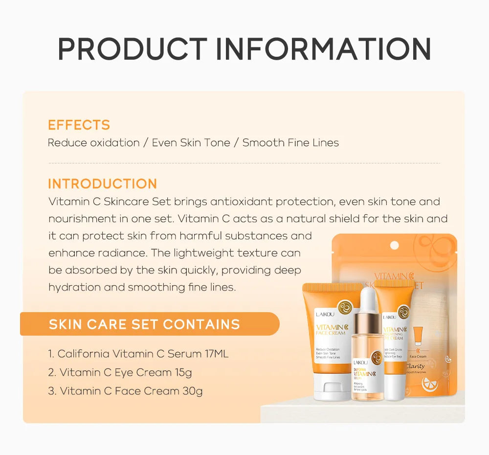 3pcs set LAIKOU Skin Care Vitamin C Sakura Snail Essence Serum Eye Face Cream Moisturizer Travel Size