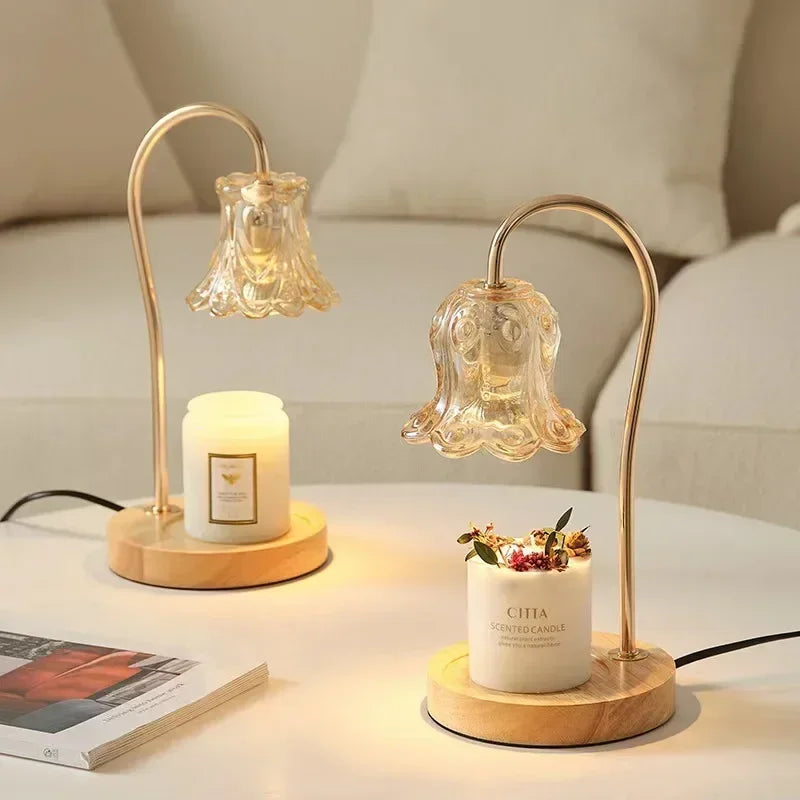 Candle Warmer Lamp 2 Bulbs Soft Brightness Ambiance Modern Glass Flower Wood Base
