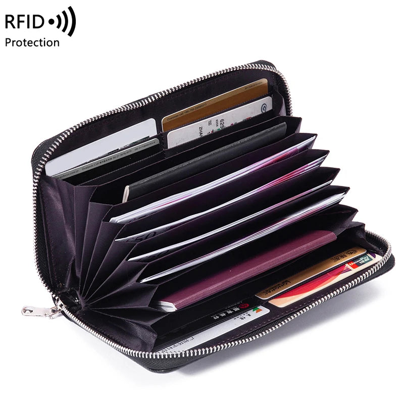 RFID Anti-Theft Cowhide Leather Wallet Brush Head Layer Large Capacity
