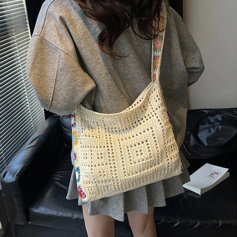 Large Capacity Boho Tote Bag Trendy Floral Crochet Vintage Multicolor Knitted Handbag