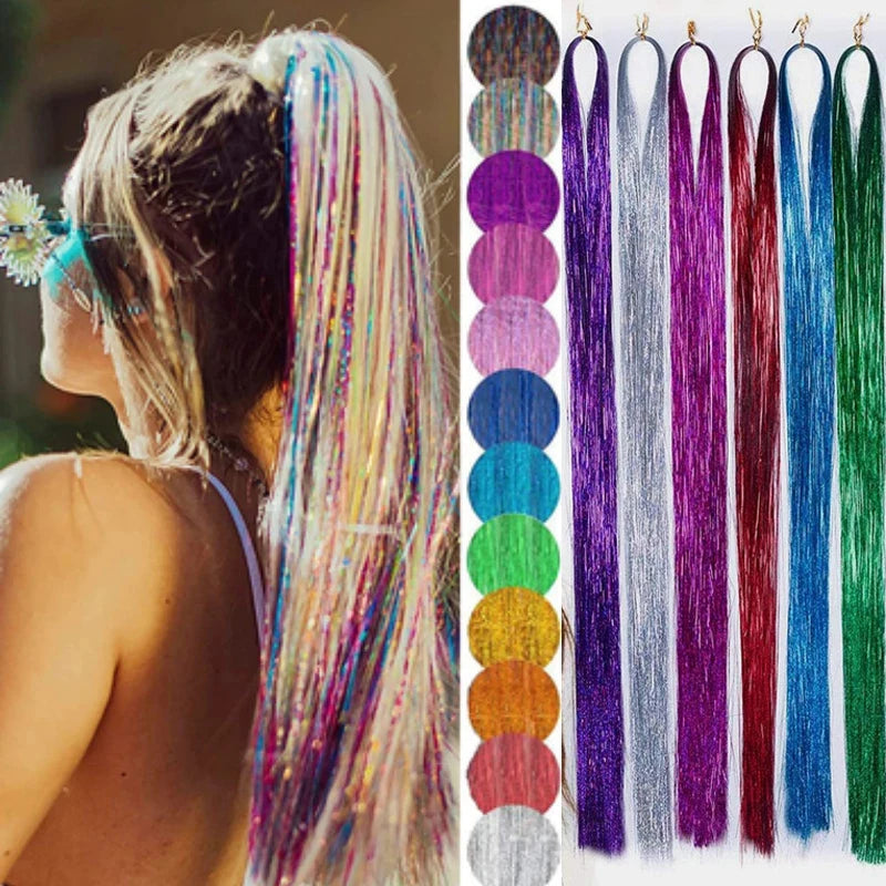 93cm Sparkle Hair Tinsel Rainbow Colored Strands  Hair Extensions Glitter