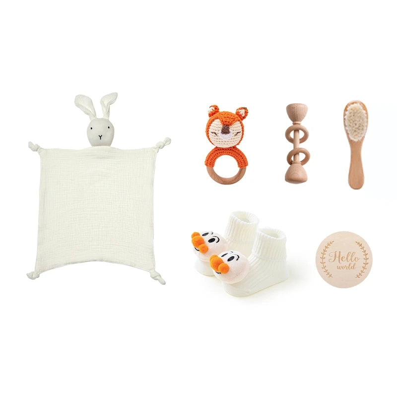 Baby Bath Set Cotton Blanket 7PCS Gift Box Wooden Crochet Rattle Brush Bracelet Towel For Baby Shower Gift