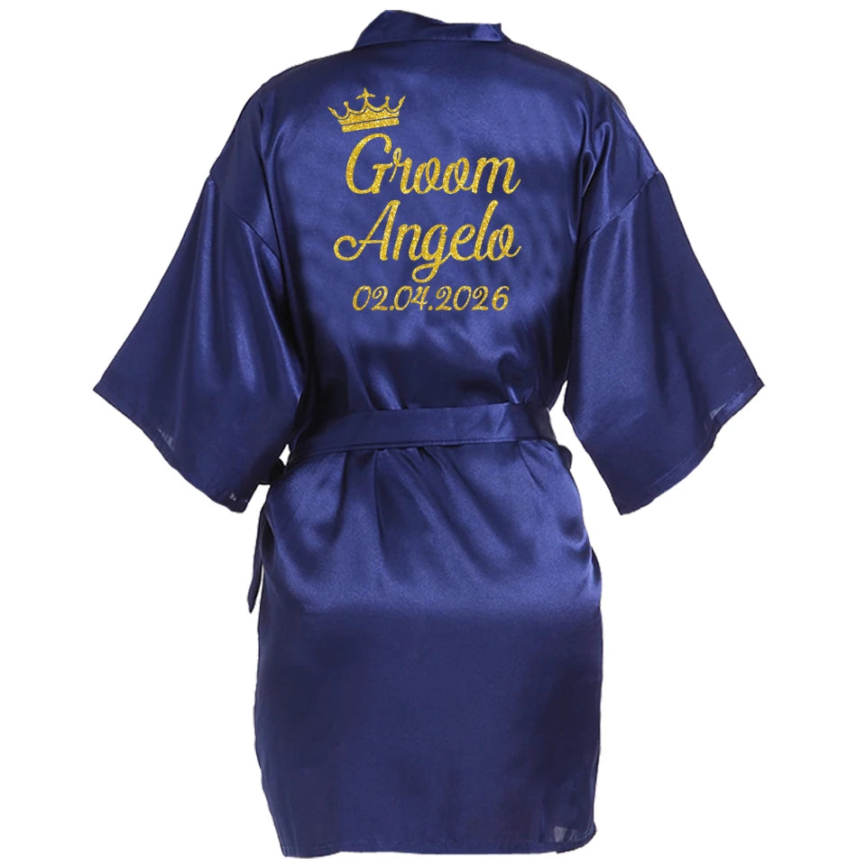 Customized Name Date Wedding Bathrobe Faux Silk Bridal Robe Bridesmaid