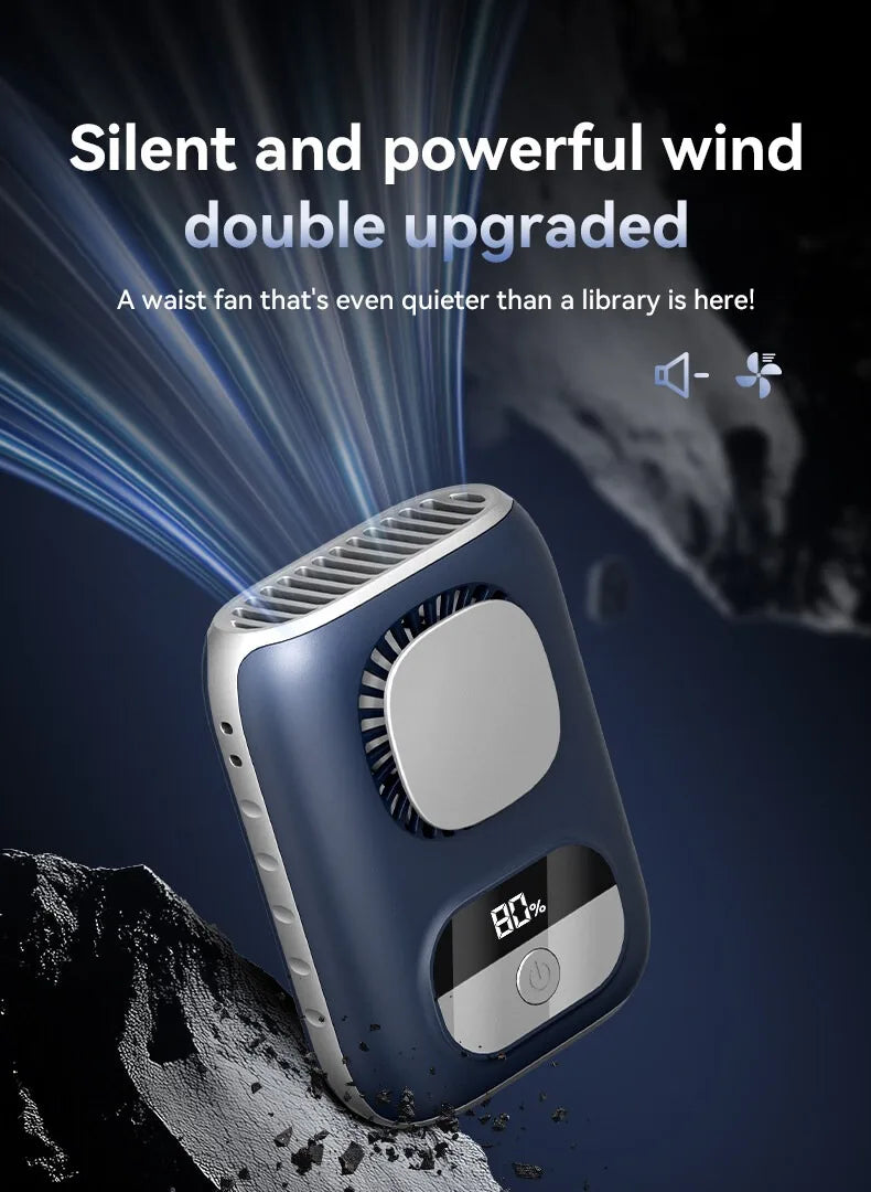 3CM Thin Tiny Portable Waist Fan 4000mAh Clip On Personal Neck Fan LED 12H 5 Speeds 10500RPM Strong Airflow with Lanyard