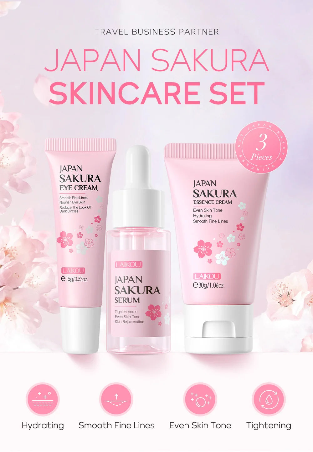3pcs set LAIKOU Skin Care Vitamin C Sakura Snail Essence Serum Eye Face Cream Moisturizer Travel Size