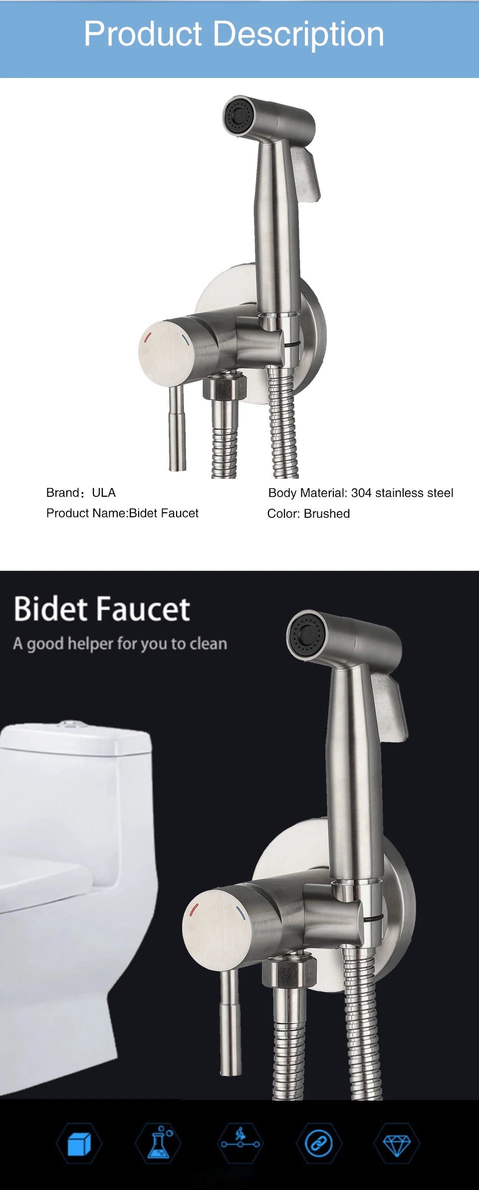 ULA Portable Bidet Sprayer Set Black Stainless Steel Toilet Bathroom Shower Head