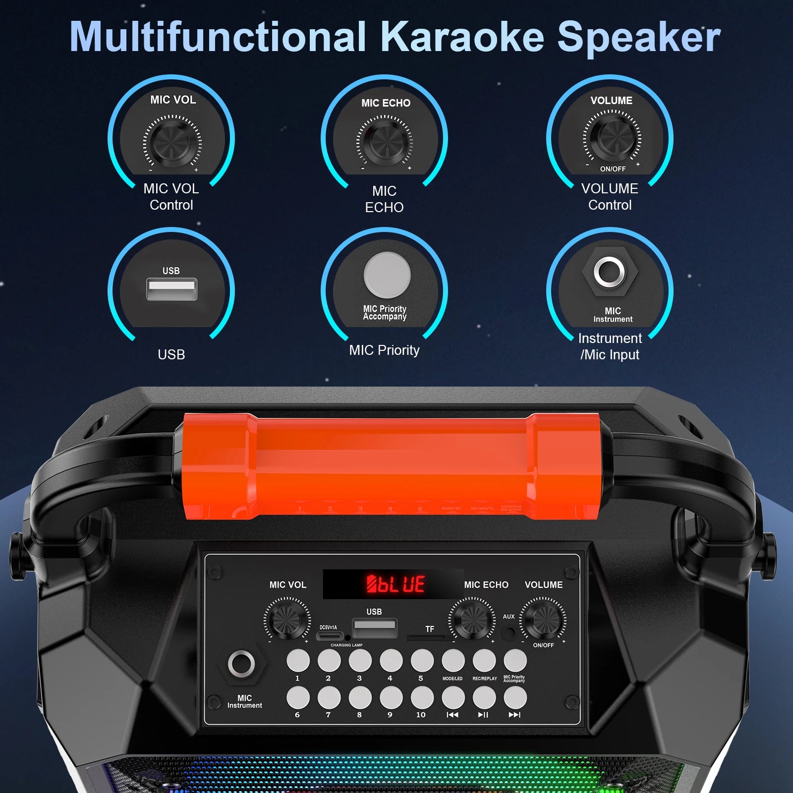 Karaoke Machine with 2 Wireless Microphones Portable Speaker LED Lights Kids Adults
