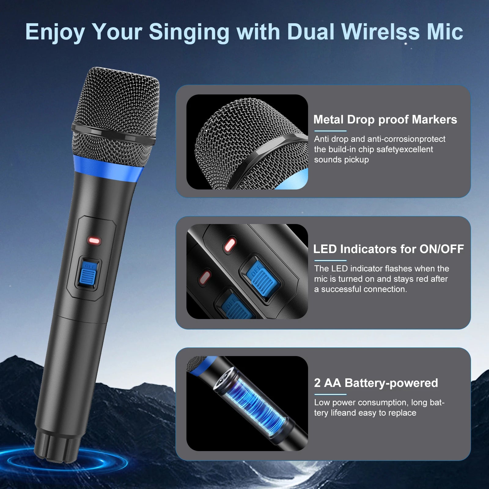 Karaoke Machine with 2 Wireless Microphones Portable Speaker LED Lights Kids Adults