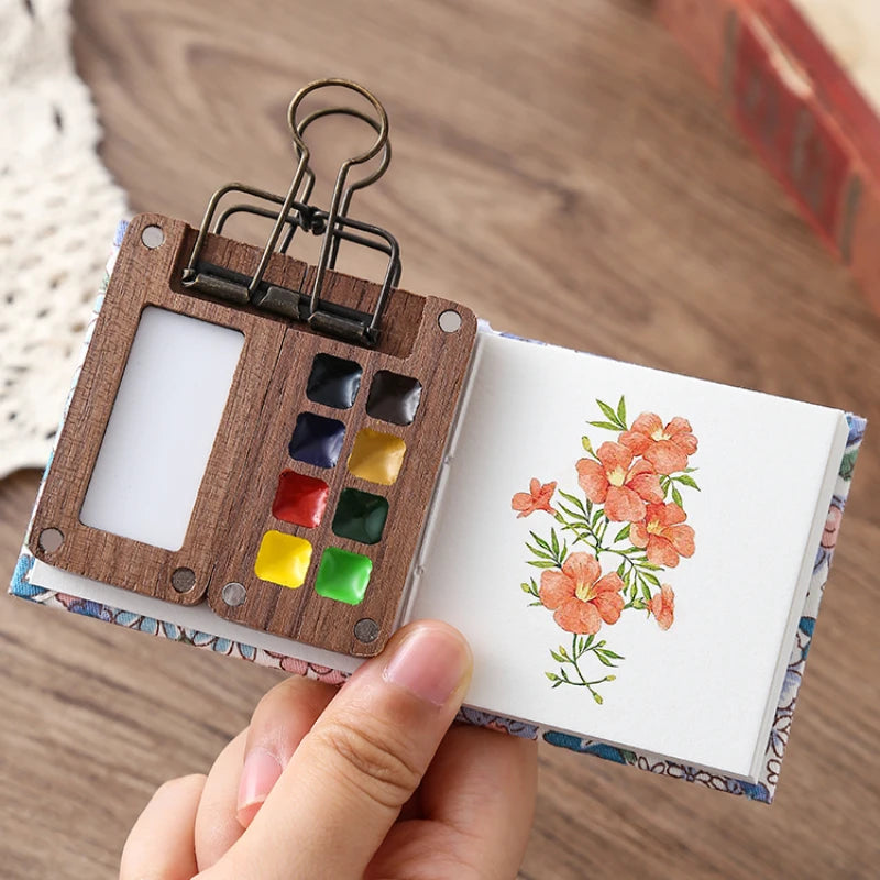 Portable Travel Watercolor Set Schmincke 8 Colors Mini Walnut Paint Box Sketchbook Supplies