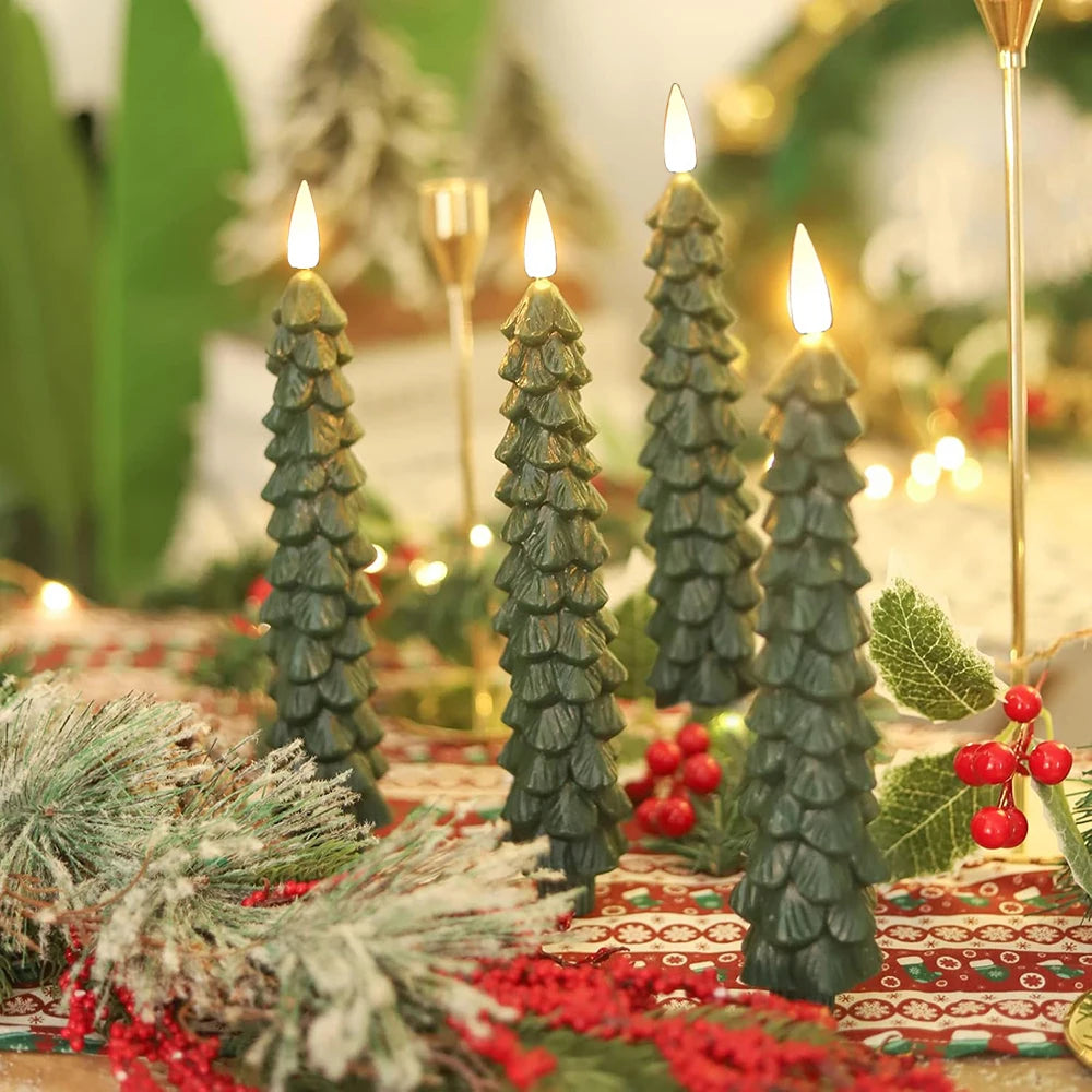 2pc/4pcs Christmas Tree LED Flameless Candles 3D Flame Green Candlesticks Christmas