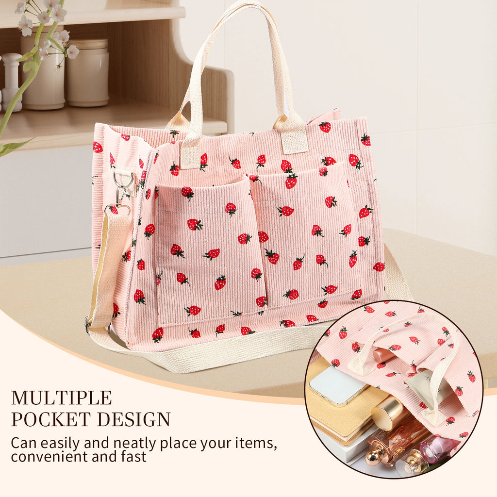 Tote Bag Cute Strawberry Patched Purse Women Fabric Large Capacity Purse Adjustable Shoulder
