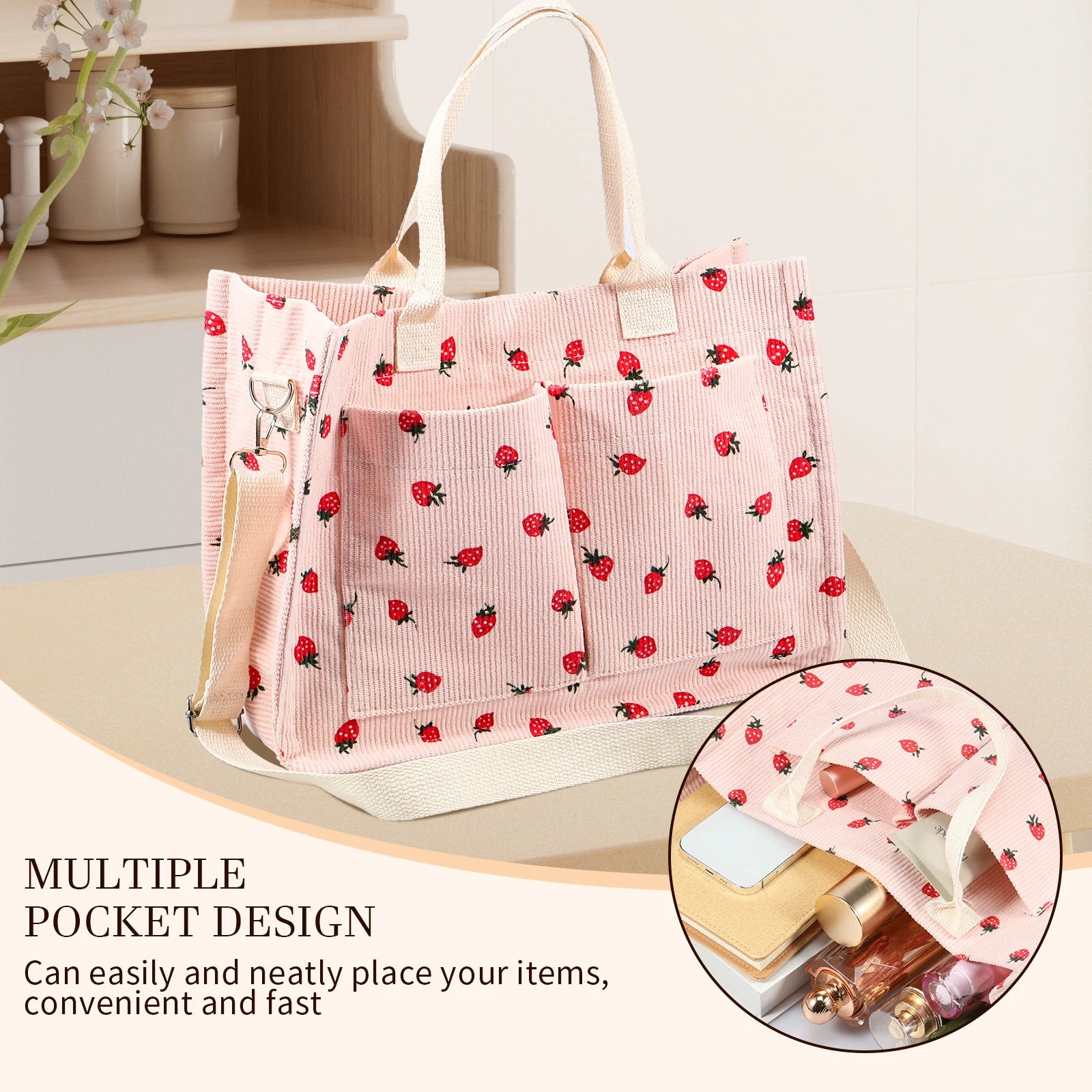 Tote Bag Cute Strawberry Patched Purse Women Fabric Large Capacity Purse Adjustable Shoulder