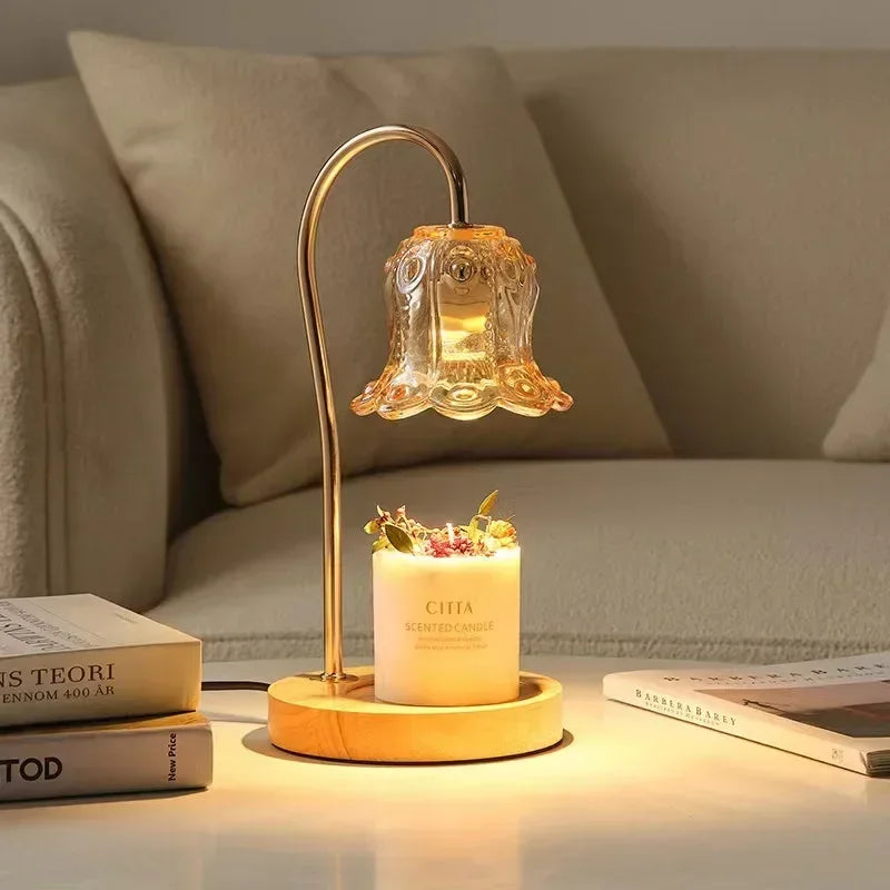 Candle Warmer Lamp 2 Bulbs Soft Brightness Ambiance Modern Glass Flower Wood Base