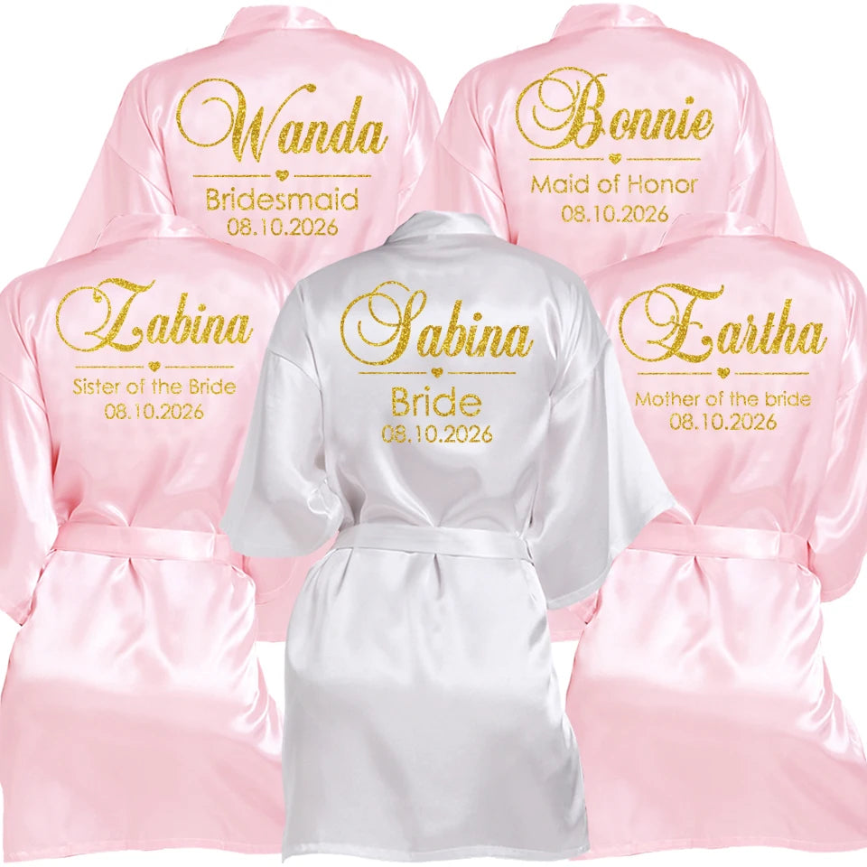 Customized Name Date Wedding Bathrobe Faux Silk Bridal Robe Bridesmaid