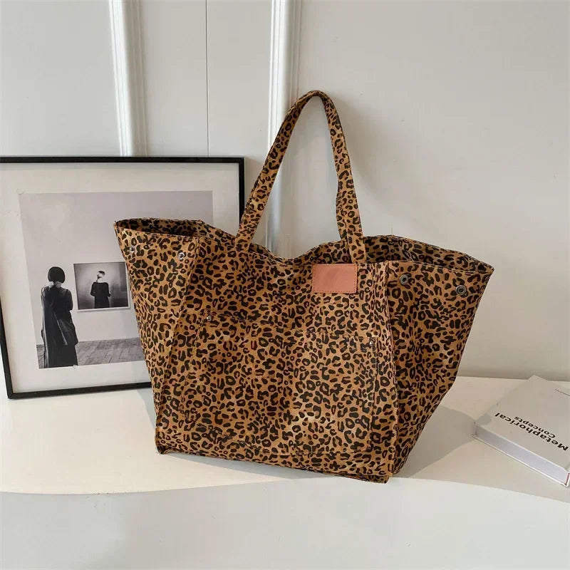 Oversized Leopard Print Shoulder Bag Women Canvas Large Capacity Shopping Tote