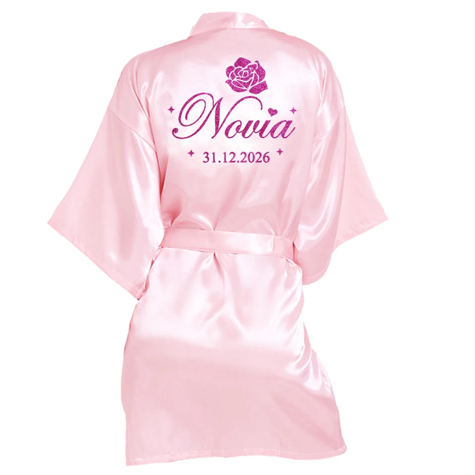 Customized Name Date Wedding Bathrobe Faux Silk Bridal Robe Bridesmaid
