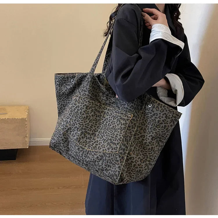 Oversized Leopard Print Shoulder Bag Women Canvas Large Capacity Shopping Tote