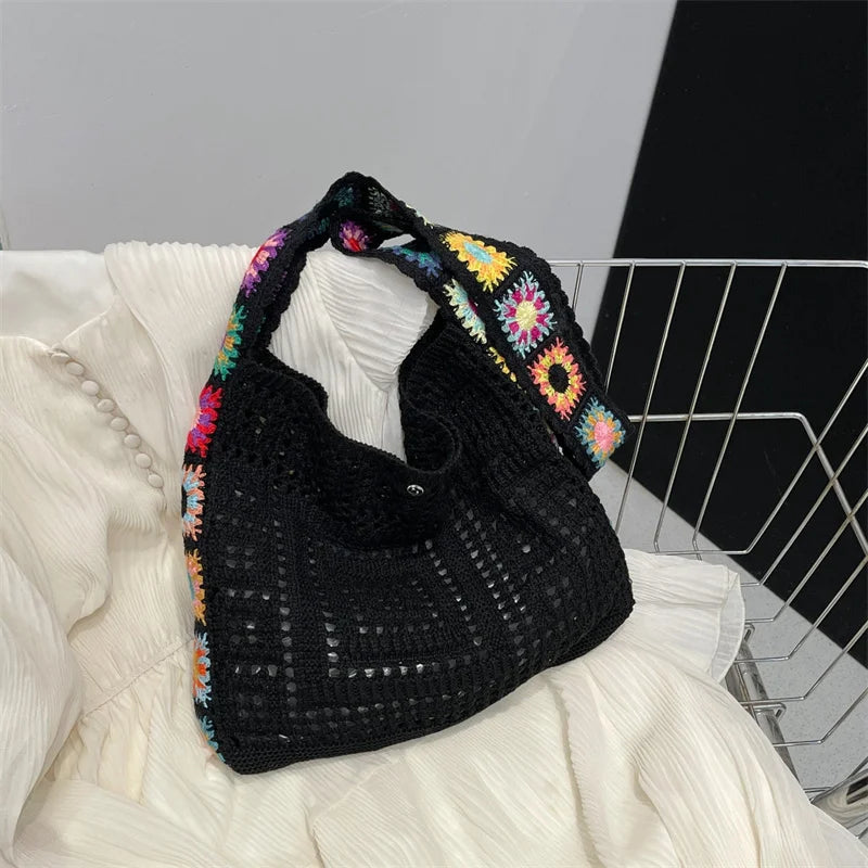 Large Capacity Boho Tote Bag Trendy Floral Crochet Vintage Multicolor Knitted Handbag