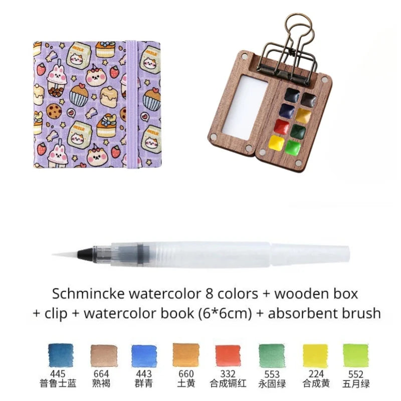Portable Travel Watercolor Set Schmincke 8 Colors Mini Walnut Paint Box Sketchbook Supplies