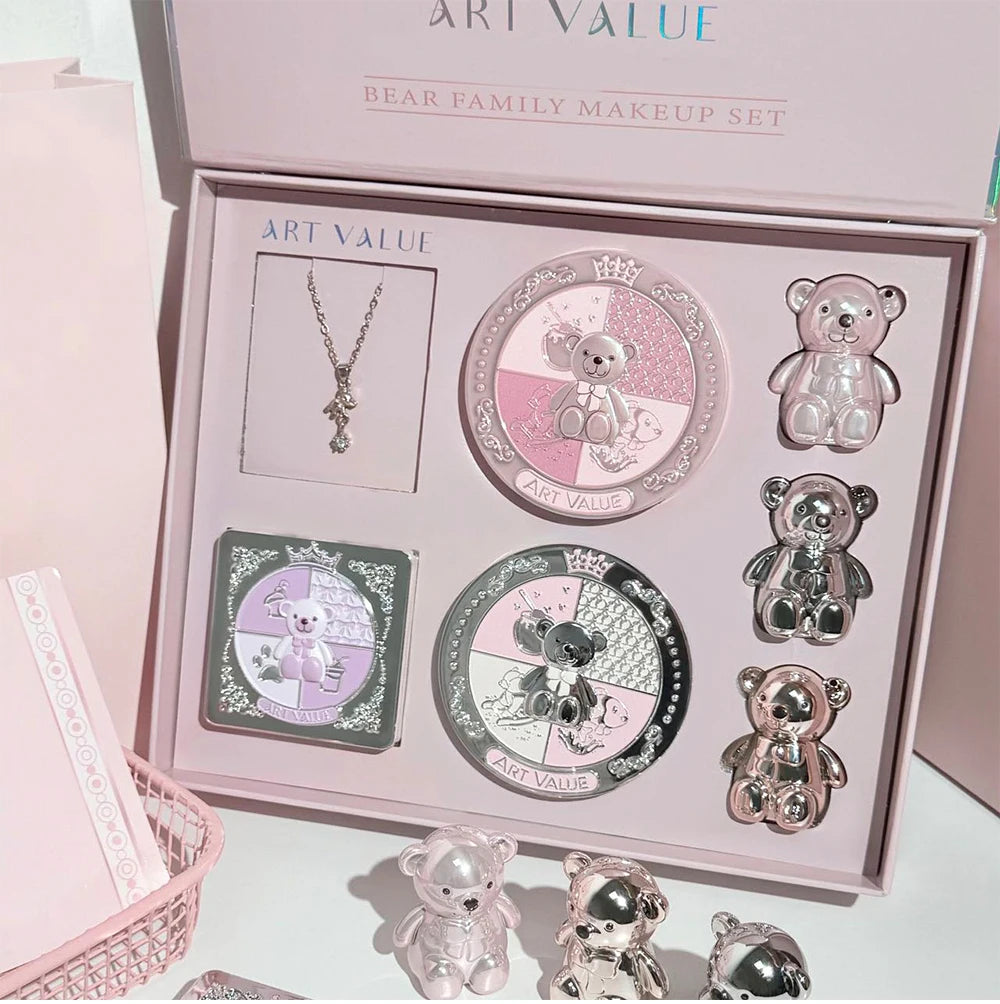 ART VALUE 7PC Makeup Set 3 Colors Lip Mud Pressed Powder Blush Eyeshadow Necklace