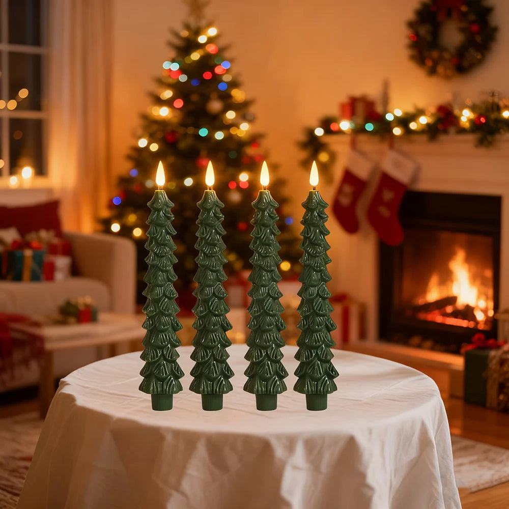 2pc/4pcs Christmas Tree LED Flameless Candles 3D Flame Green Candlesticks Christmas