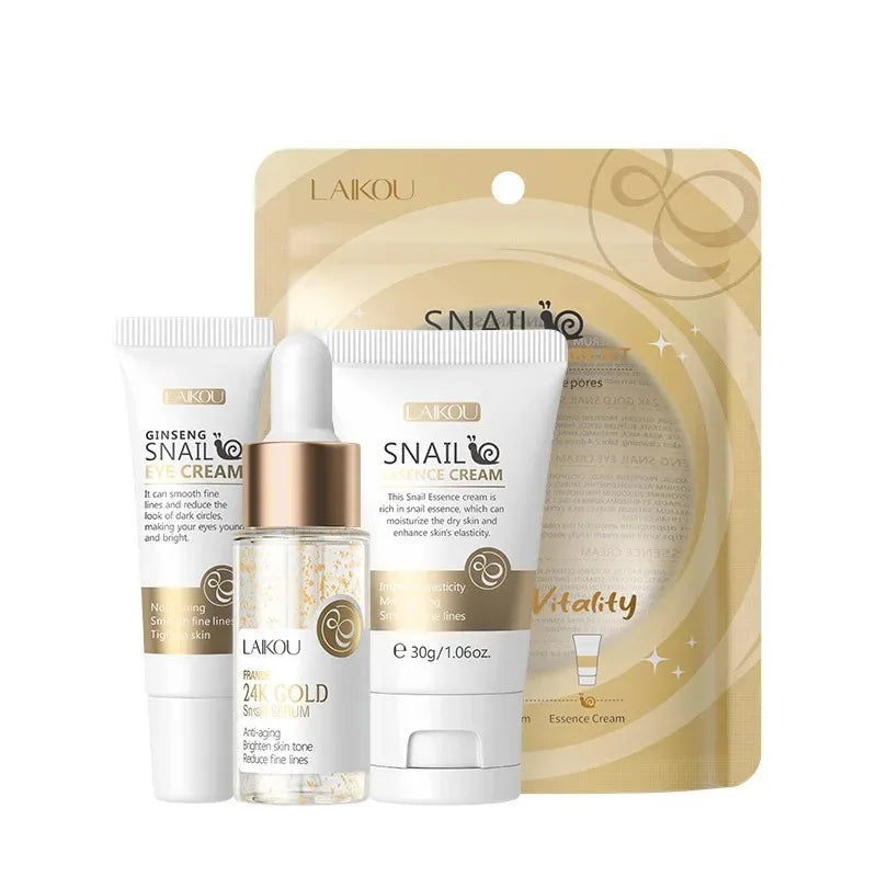 3pcs set LAIKOU Skin Care Vitamin C Sakura Snail Essence Serum Eye Face Cream Moisturizer Travel Size