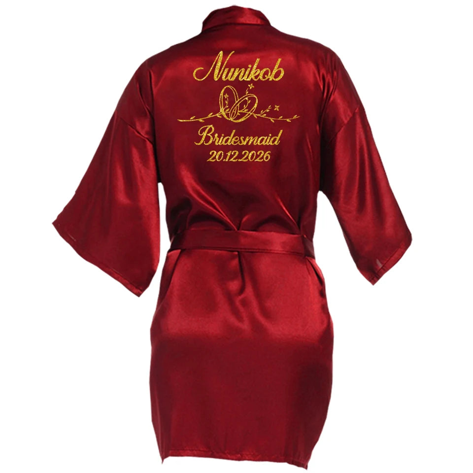 Customized Name Date Wedding Bathrobe Faux Silk Bridal Robe Bridesmaid