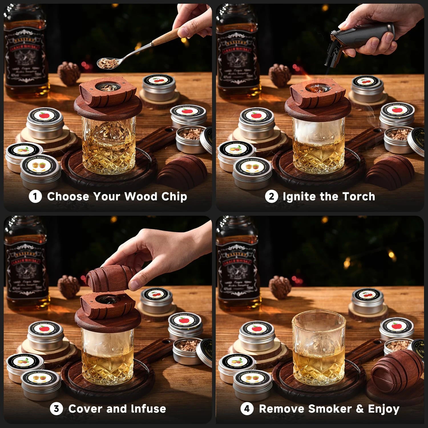 Whiskey Smoker Kit with Wood Chips 4 Flavors Old Fashioned Drink Smoker Infuser Cocktails Bourbon Gifts