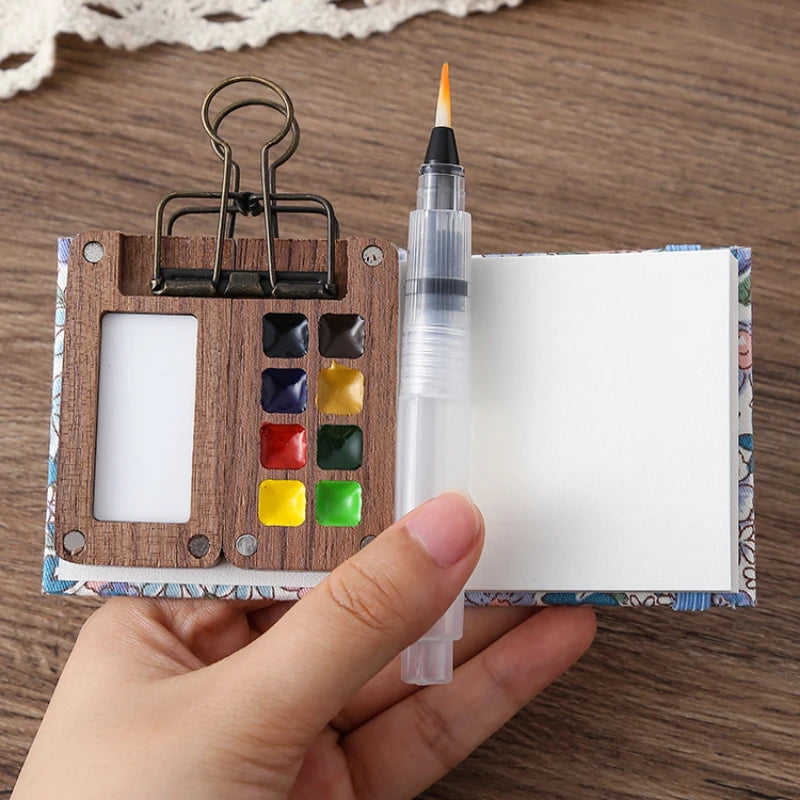 Portable Travel Watercolor Set Schmincke 8 Colors Mini Walnut Paint Box Sketchbook Supplies