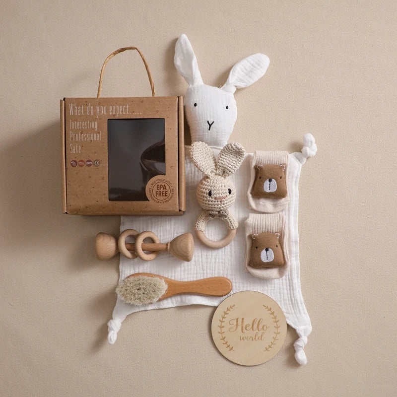 Baby Bath Set Cotton Blanket 7PCS Gift Box Wooden Crochet Rattle Brush Bracelet Towel For Baby Shower Gift