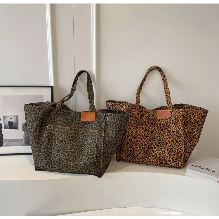 Oversized Leopard Print Shoulder Bag Women Canvas Large Capacity Shopping Tote