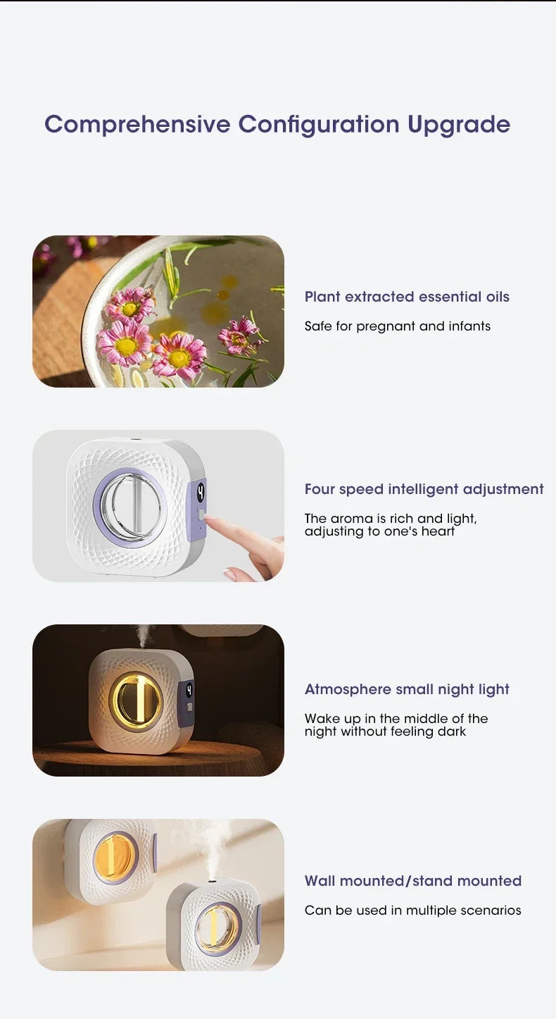 Smart Aroma Diffuser Air Purifier Digital Display Essential Oils 4 Gears Wall Mount Tabletop USB Charging