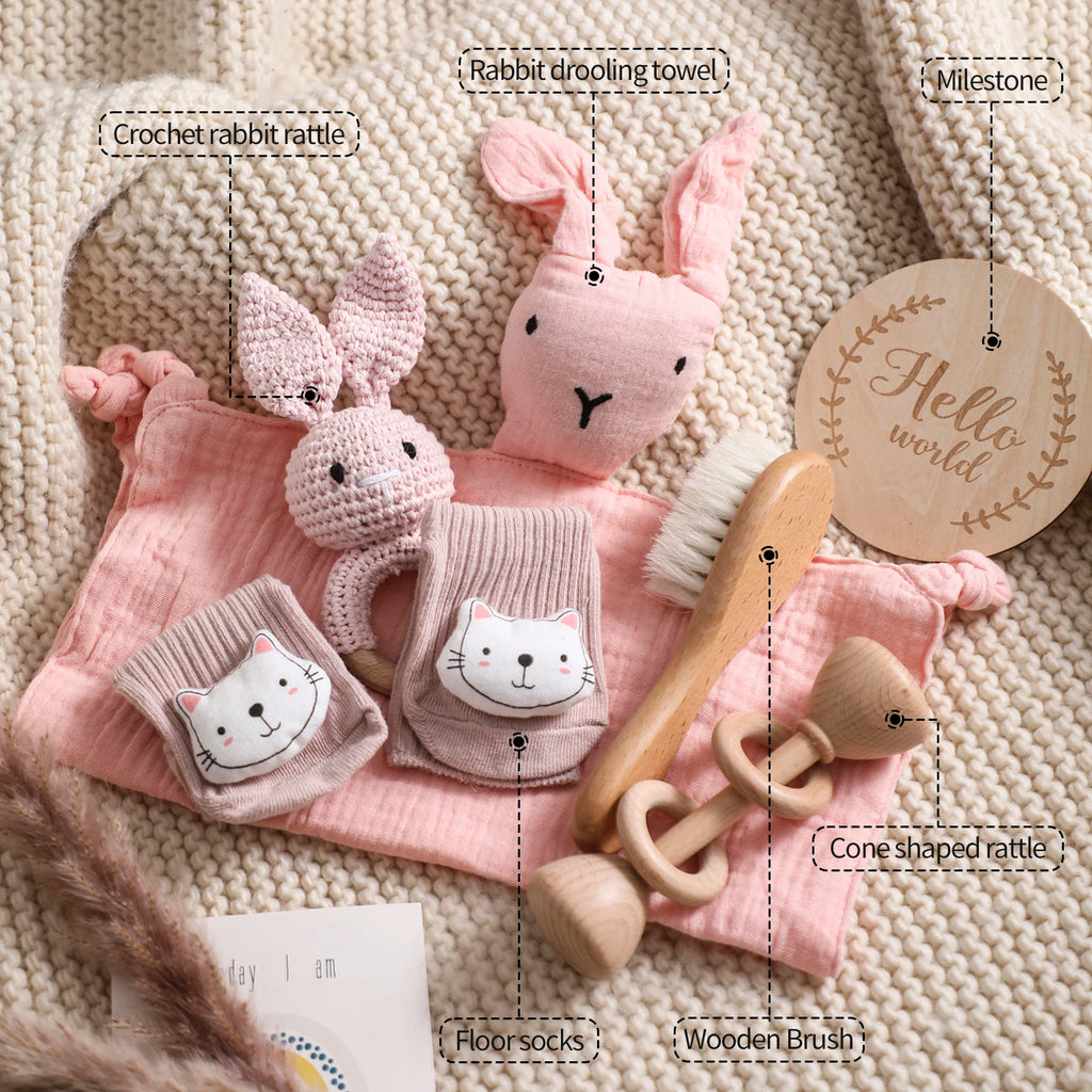 Baby Bath Set Cotton Blanket 7PCS Gift Box Wooden Crochet Rattle Brush Bracelet Towel For Baby Shower Gift