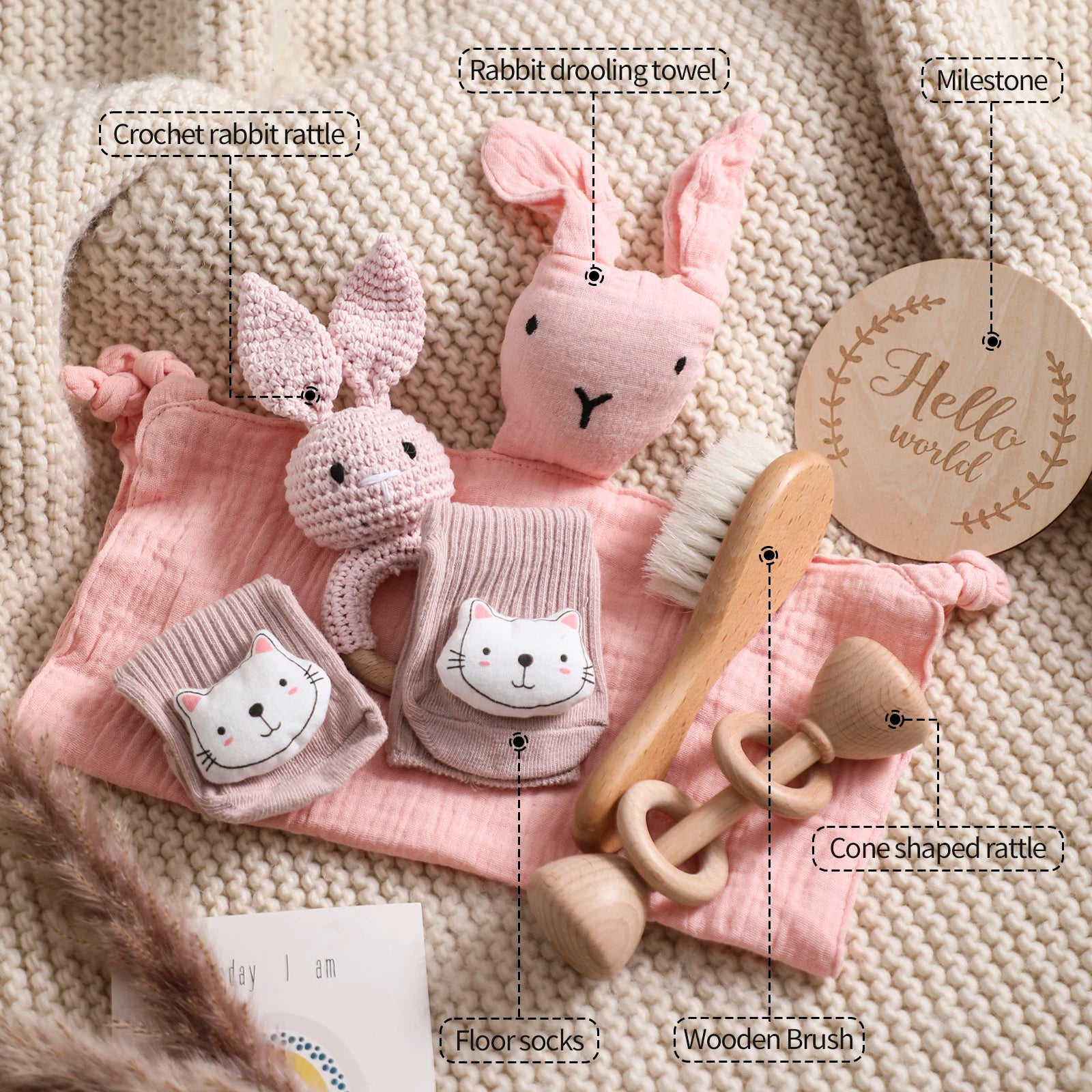 Baby Bath Set Cotton Blanket 7PCS Gift Box Wooden Crochet Rattle Brush Bracelet Towel For Baby Shower Gift