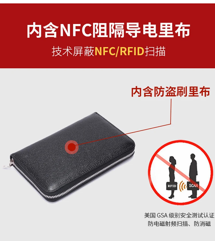 RFID Anti-Theft Cowhide Leather Wallet Brush Head Layer Large Capacity