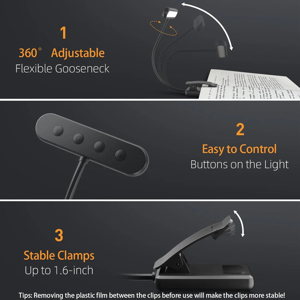 Book Light USB Rechargeable Reading Warm Cool White Daylight Portable Flexible Easy Clip Night Lamp