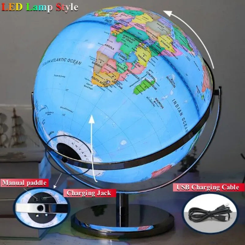 Sphere Diameter 25cm English World Globe HD Printed 360° LED Light Desk Lamp Globe Metal ABS