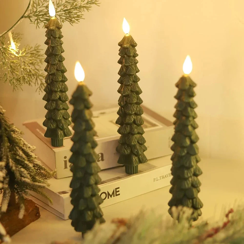 2pc/4pcs Christmas Tree LED Flameless Candles 3D Flame Green Candlesticks Christmas