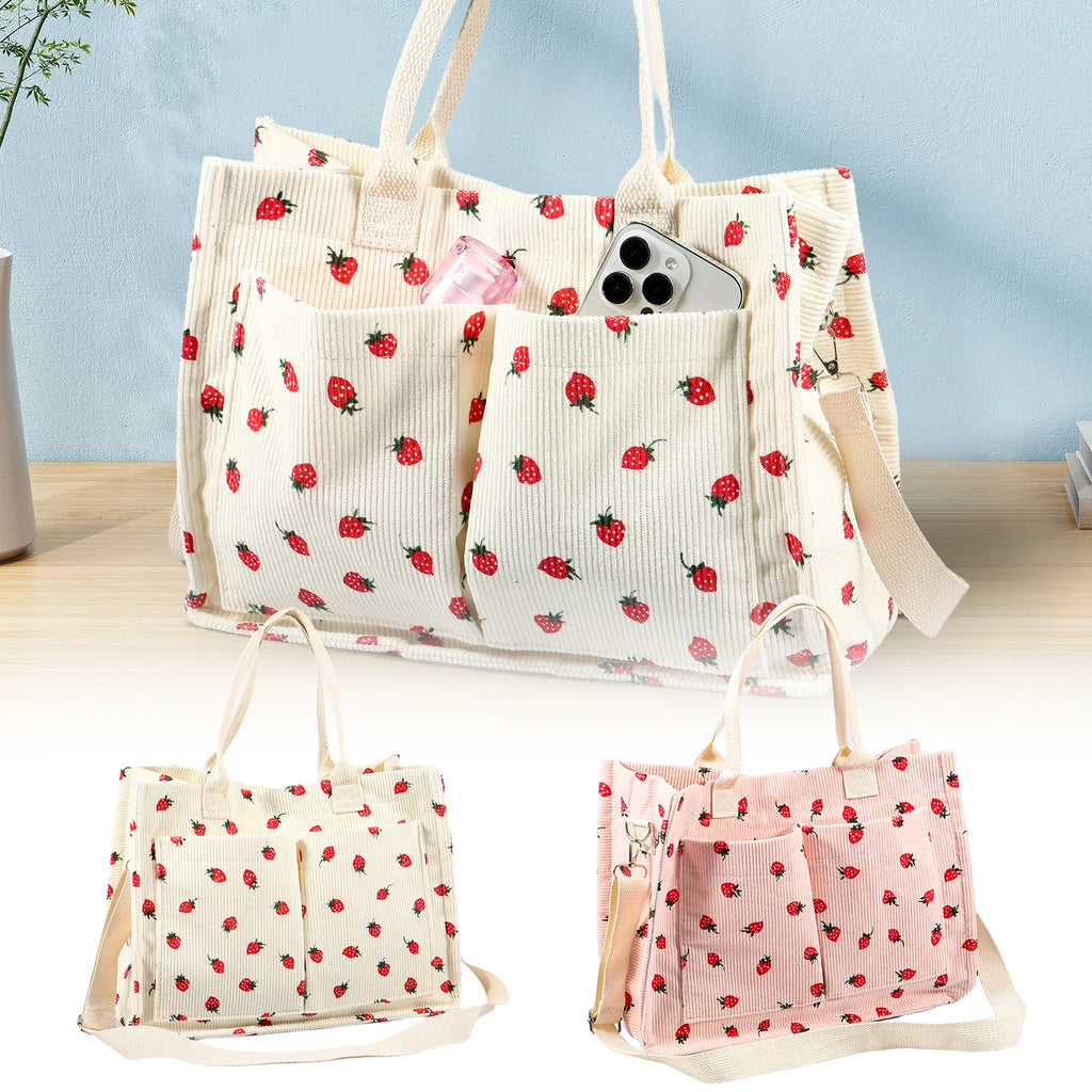 Tote Bag Cute Strawberry Patched Purse Women Fabric Large Capacity Purse Adjustable Shoulder