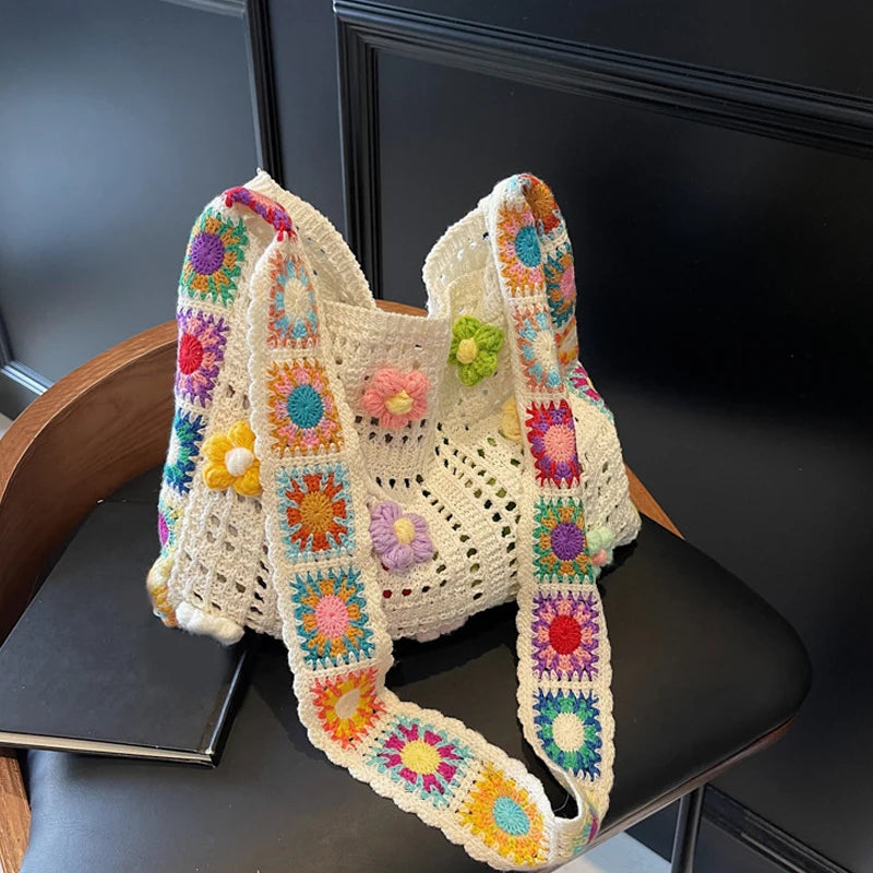 Large Capacity Boho Tote Bag Trendy Floral Crochet Vintage Multicolor Knitted Handbag