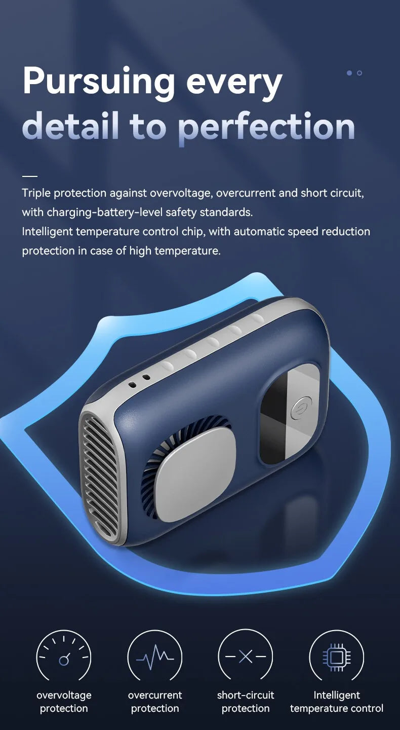 3CM Thin Tiny Portable Waist Fan 4000mAh Clip On Personal Neck Fan LED 12H 5 Speeds 10500RPM Strong Airflow with Lanyard